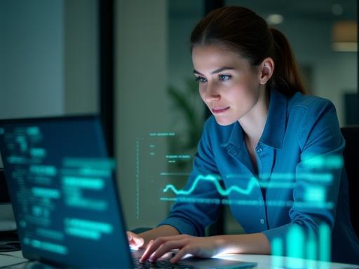 Professional working on a laptop with abstract data visualization overlays